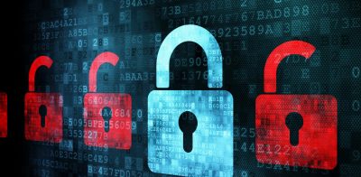 Information technology security concept with open lock system and binary numbers.