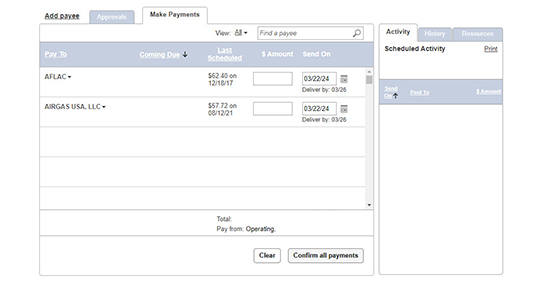 Screenshot of Bill Pay in Business Online Banking