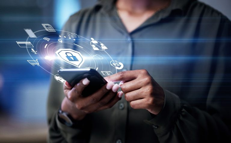 Person with personal smartphone with icon hologram for safety lock on network, information or data, privacy, antivirus or hacking and fraud or access control shield.