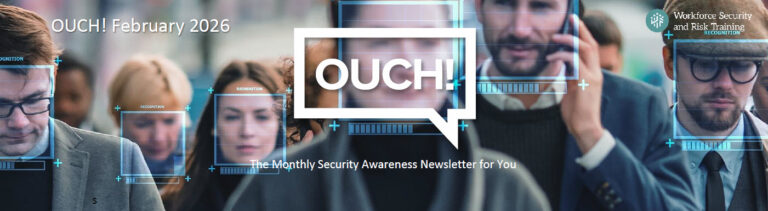 A group of diverse people walking on a busy street, with facial recognition technology overlay displayed. The text "OUCH! February 2026" is displayed prominently.