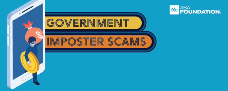 The image depicts a blue and orange banner with the text "GOVERNMENT IMPOSTER SCAMS" and a caricature of a robber carrying money bags and a gold coin out of mobile phone.
