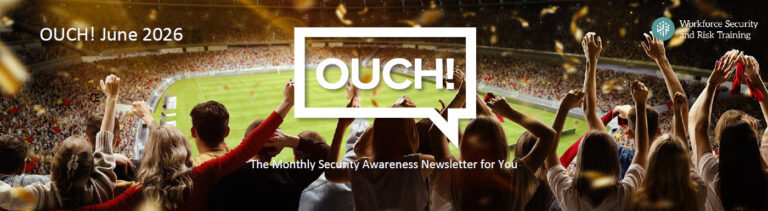 Large crowd at the World Cup, with people raising their hands and cheering. 'OUCH! June 2026' text displayed prominently.