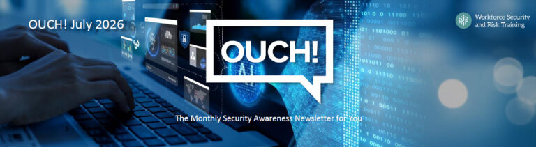 Colorful tech-themed graphic with "OUCH! July 2026" text, a speech bubble icon, and various tech imagery in a blue and white color scheme.
