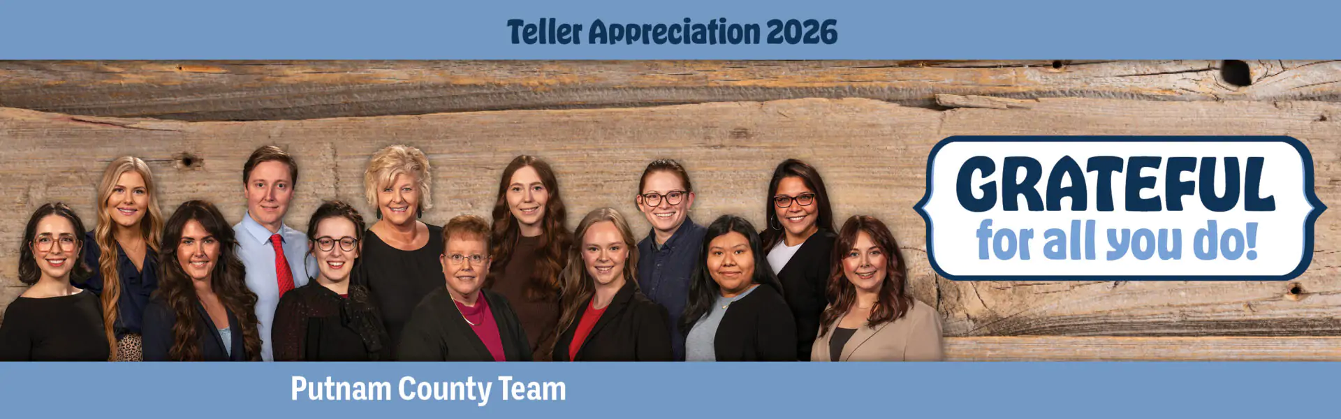 Group photo of the Putnam County Team for Teller Appreciation 2026 on a wood background, with a 'Grateful for all you do!' speech bubble and a blue banner above and below.